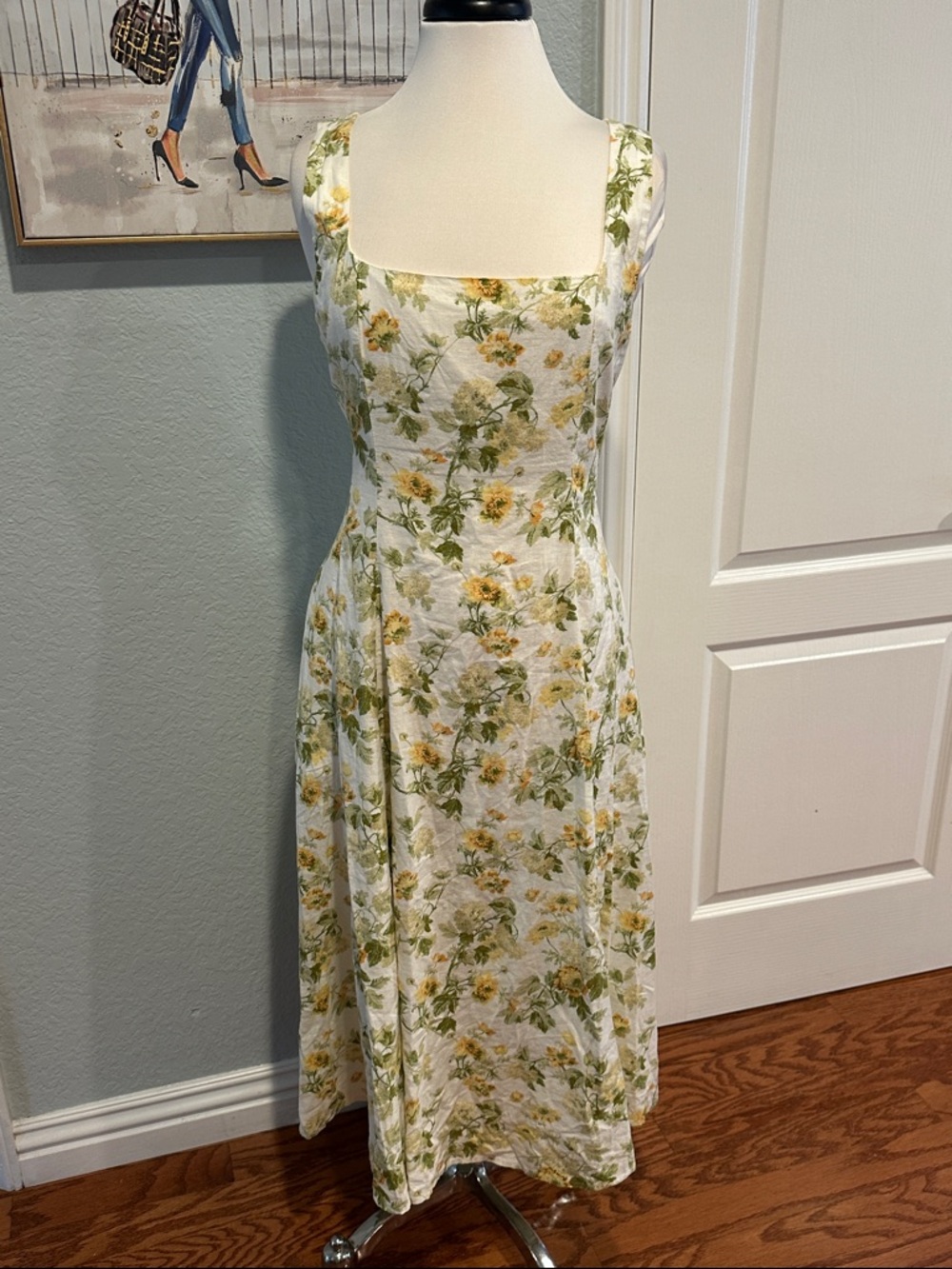 Laura Ashley Sz 14 VTG Floral Midi Dress White Yellow Cottage Square Neck • NEW!